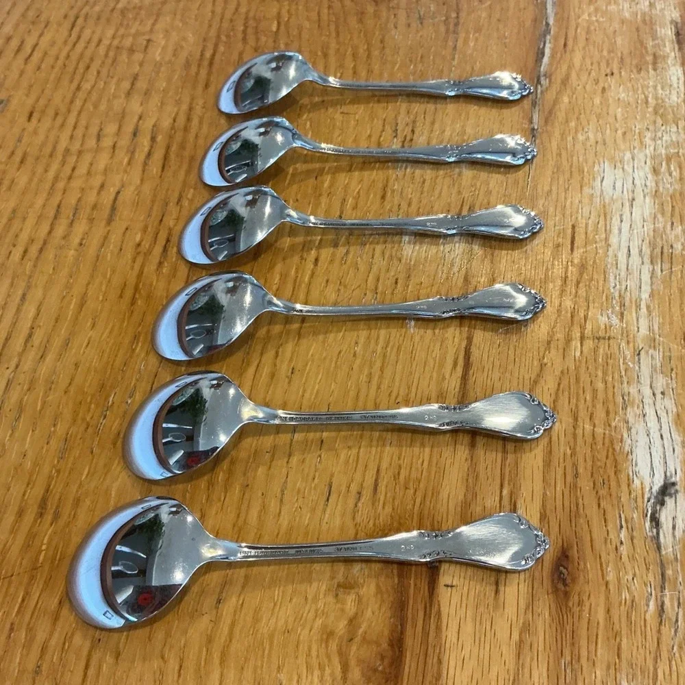 6 Oneida Oneidacraft Deluxe Chateau Stainless Steel Round Spoon Vintage Set